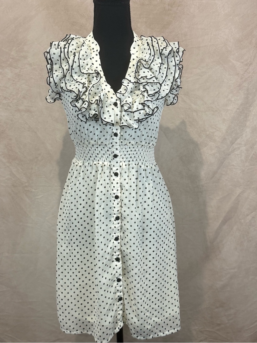 Vintage H&M Women's White Polka Dot Ruffle Button-Front Dress